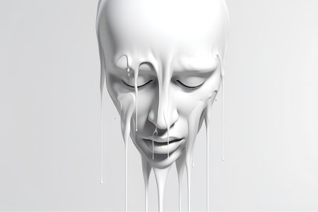 3d rendering of a human face with eyes closed and dripping milkの素材