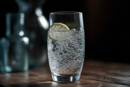 Glass of water with ice cubes and lemon on wooden table in barの素材