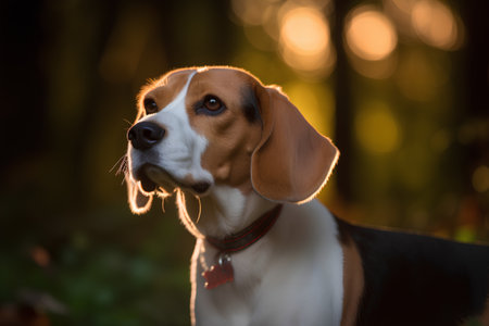 Portrait of a cute beagle dog in the forest at sunsetの素材