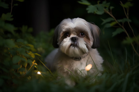 Shih tzu in the garden at night. Shih Tzu is a breed of dog in the Shih Tzu family.の素材