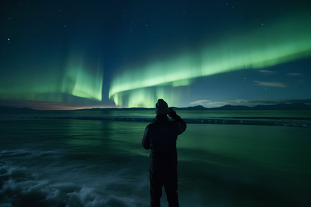Aurora borealis, northern lights in the night sky over manの素材