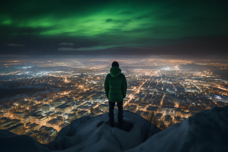 Man standing on top of a snowy mountain looking at the city at nightの素材