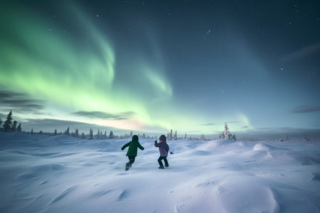 Aurora borealis, northern lights in winter mountains, kids in snowの素材