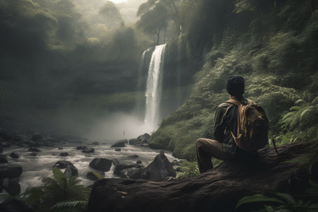 Man sitting on a rock and watching a waterfall in the jungle.の素材