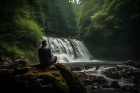 Man sitting on rock and looking at beautiful waterfall in deep forest.の素材