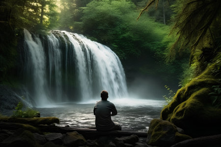 Man meditating in front of a beautiful waterfall in the forest.の素材