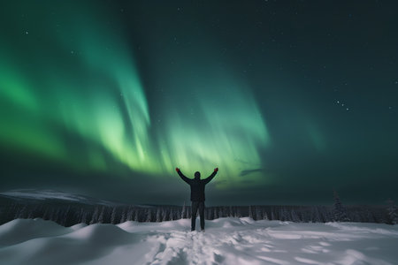 Man standing on top of a snowy hill and watching the northern lightsの素材
