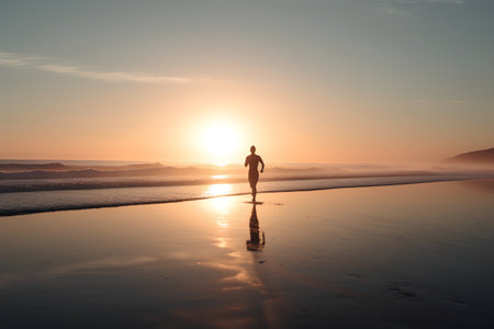 Man running on the beach at sunrise. Silhouette of a man running on the beach at sunset.の素材