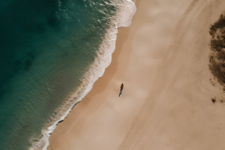 Aerial view of beautiful sandy beach with surfboard. Drone photographyの素材