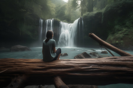Woman sitting on the log and looking at waterfall in deep forest.の素材