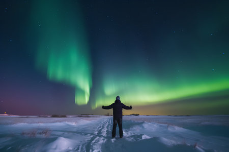 Aurora borealis, northern light over man in winter landscapeの素材