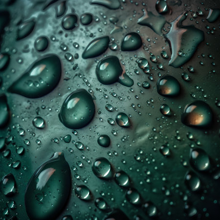 Water drops on green metal surface. Abstract background and texture for design.の素材