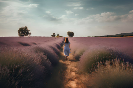 Young woman walking on lavender field in summer. Sunset light.の素材