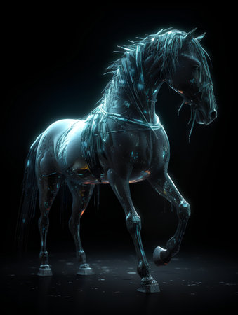 3d rendering of a fantasy horse isolated on black background with lightsの素材