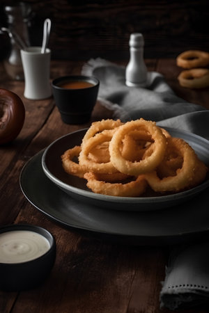 Onion rings on a plate, served with sauce, selective focusの素材