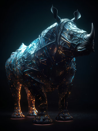 Black rhinoceros made of polygonal wireframe on dark backgroundの素材