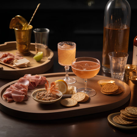 Alcohol cocktail with prosciutto crudo or jamon and crackersの素材