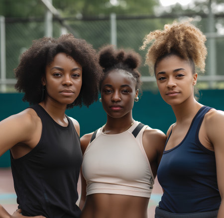 Portrait of three afro american female athletes on tennis courtの素材