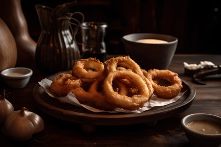 Fried onion rings on a wooden background. Selective focus.の素材