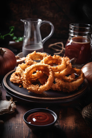 Fried onion rings with ketchup and mayonnaise on wooden backgroundの素材