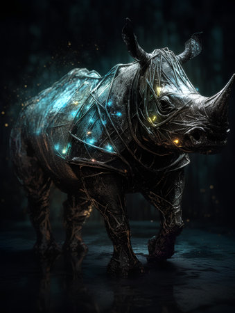 Black rhinoceros on dark background with glowing lights. 3d renderingの素材