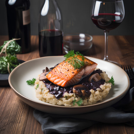 Risotto with smoked salmon and mushrooms, served with red wineの素材