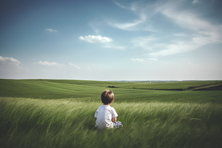 A boy in a white shirt sits on a green meadow and looks at the horizonの素材