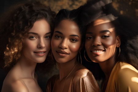 Group of three beautiful african american women in golden dresses posing at studio.の素材
