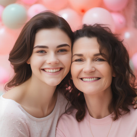 Portrait of mother and daughter with balloons in the background. Mothers Dayの素材