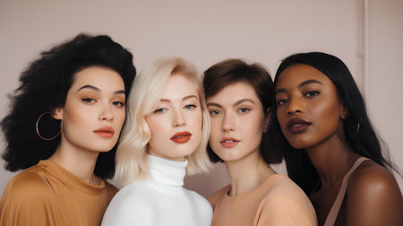 Group of multiethnic women with different hairstyles and makeup posing in studioの素材