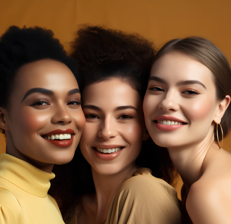 beauty, people and friendship concept - group of smiling african american and caucasian women over yellow backgroundの素材