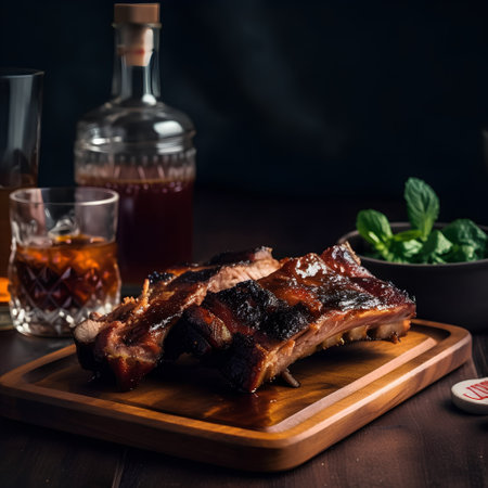 Grilled pork ribs on a wooden board with whiskey and ice.の素材