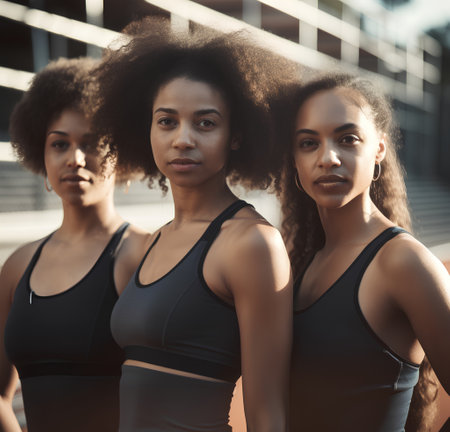 Group of young sporty african american women in sportswear looking at cameraの素材