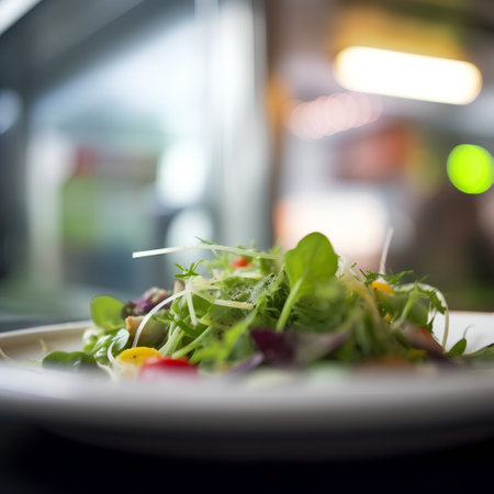 Fresh salad with mixed greens on a white plate in a restaurant.の素材