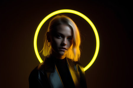 Futuristic portrait of a beautiful girl with yellow neon light.の素材
