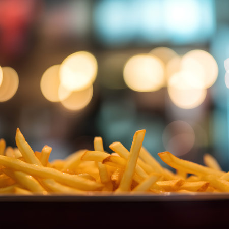 Golden French fries potatoes on a plate, shallow depth of field.の素材