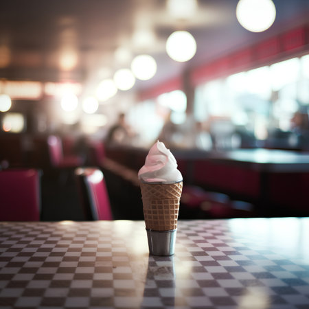 Ice cream in waffle cone on table in coffee shop blur backgroundの素材