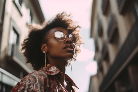 Stylish african american woman with afro hairstyle, wearing sunglasses, looking away, walking in the city.の素材