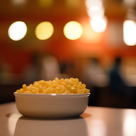 Macaroni in a white bowl on a table in a restaurantの素材
