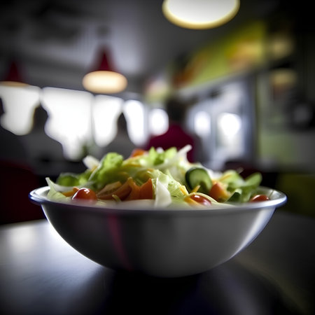 Fresh salad in a white bowl on a table in a restaurant.の素材