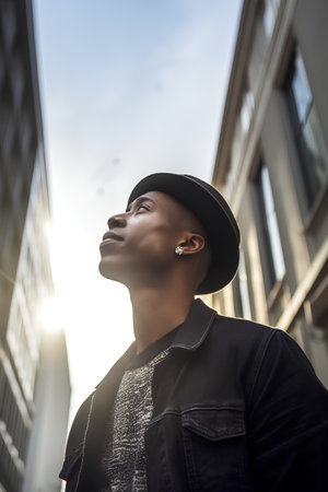 Stylish african american man in a hat on the streetの素材
