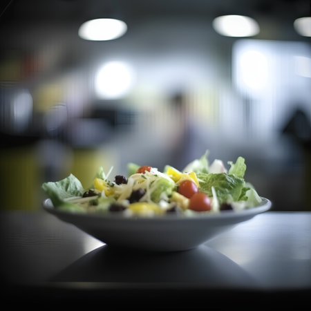 Fresh salad on a plate in a restaurant, shallow depth of fieldの素材