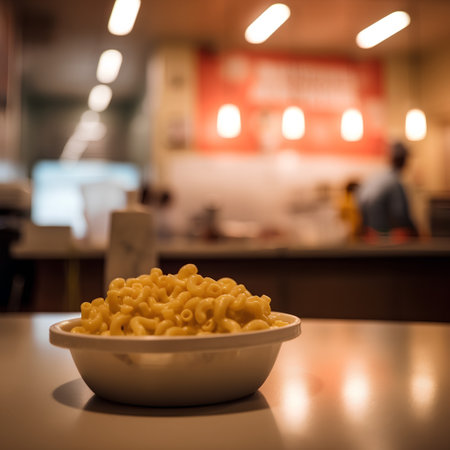 Close up of macaroni in a bowl on the table.の素材