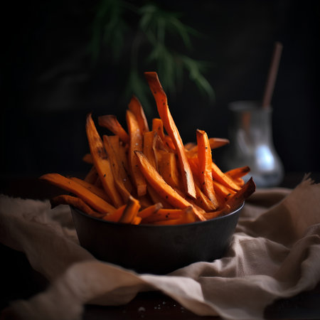 Baked sweet potato slices in a bowl on a dark background.の素材