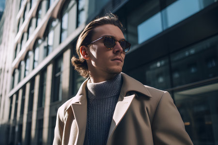 Portrait of a handsome young man in beige coat and sunglasses. Men's beauty, fashion.の素材