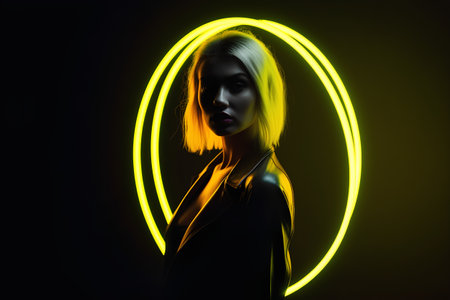 Fashion portrait of beautiful young woman with neon light on dark backgroundの素材