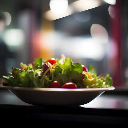 Fresh salad in a plate on a table in a restaurant, shallow depth of fieldの素材