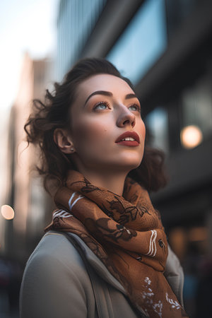Close up portrait of a beautiful young woman in a beige coat and scarf on the streetの素材