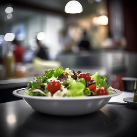 Fresh salad in a restaurant, shallow depth of field, focus on foregroundの素材
