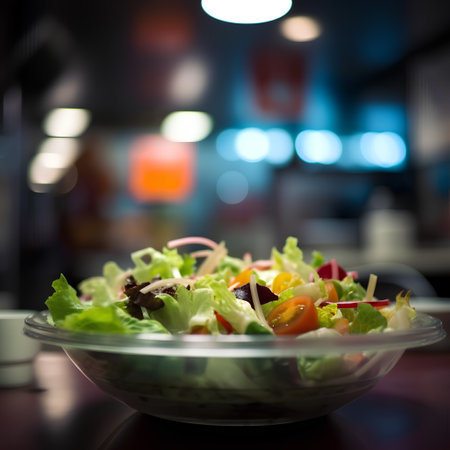 Fresh salad in a plate on the table in a restaurant, selective focusの素材